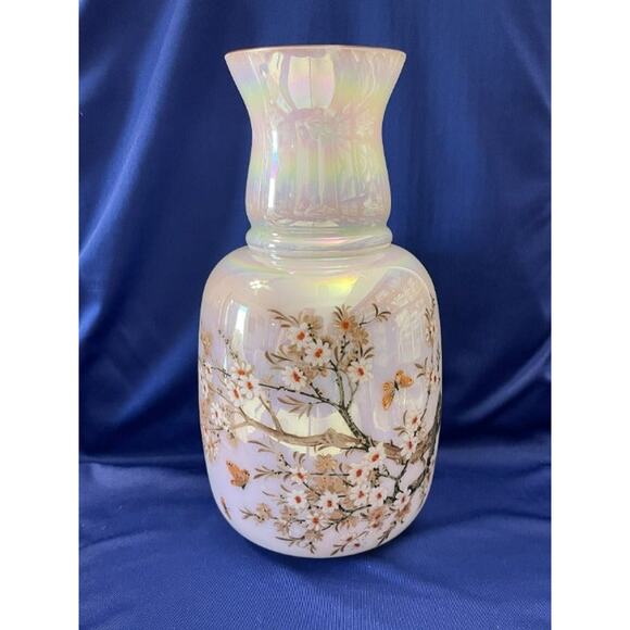 White Pearlized Porcelain Vase with Hand Painted Blossoms and Butterflies - Picture 6 of 8